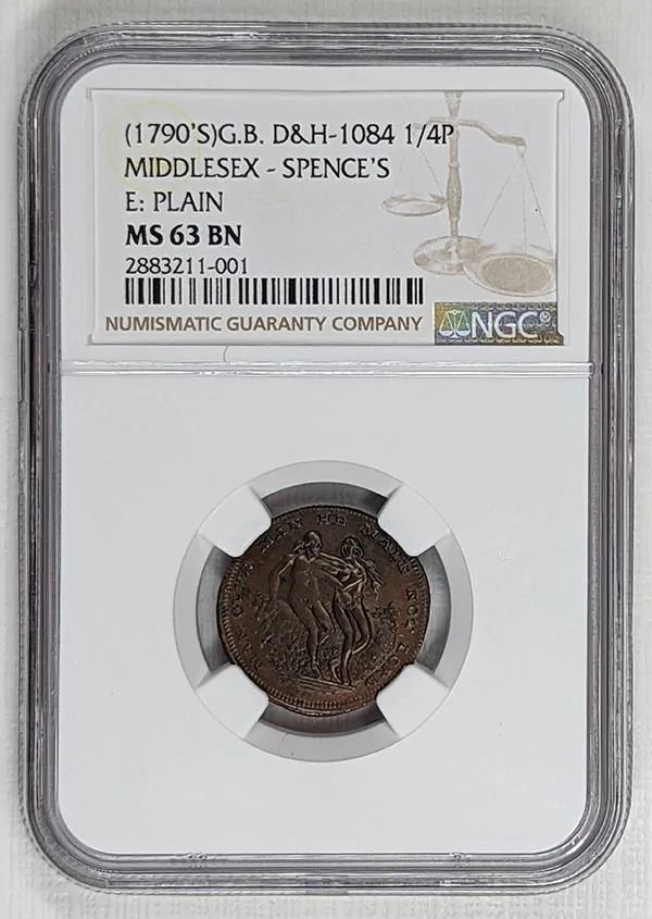 1790s Middlesex Spences Adam Eve Dh 1084 Conder Token Farthing MS63 BN