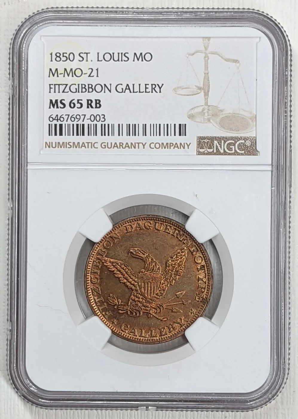 1850 St Louis Fitzgibbon Gallery M MO 21 Hard Times Token NGC MS65 RB Red Brown