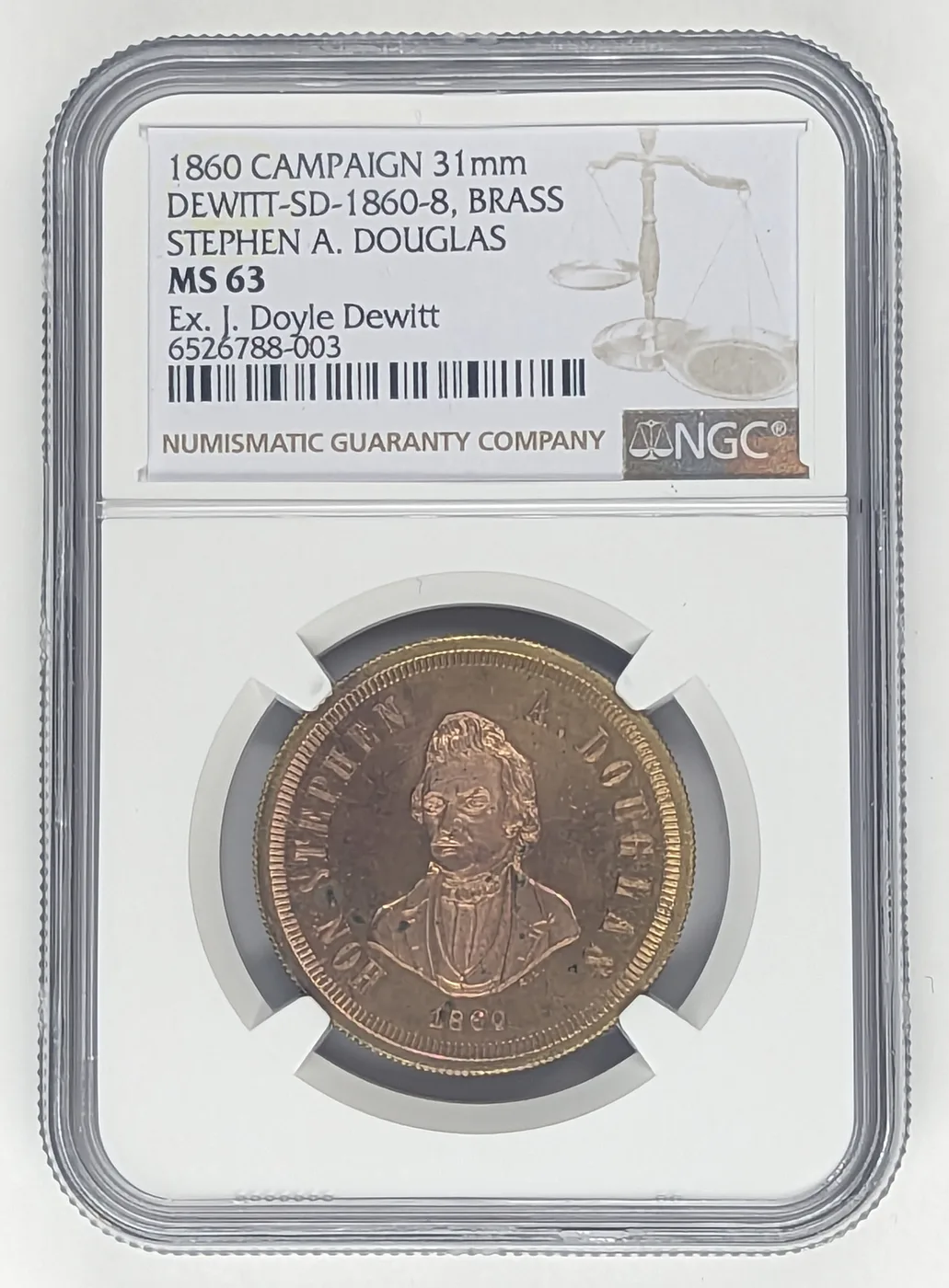 1860 Stephen Douglas SD 1860-8 NGC MS63 Brass Campaign Medal Ex DeWitt