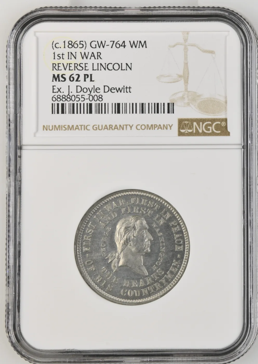 1865 Reverse Lincoln Medal NGC MS62 Proof Like Gw 764 King 856