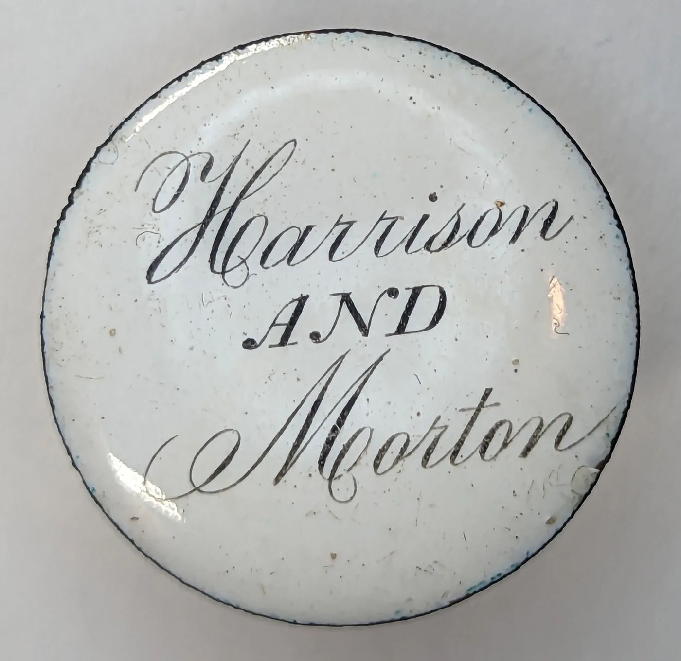1888 Harrison and Morton Lapel Stud DeWitt BH 1888-156 White Enamel Script Rare
