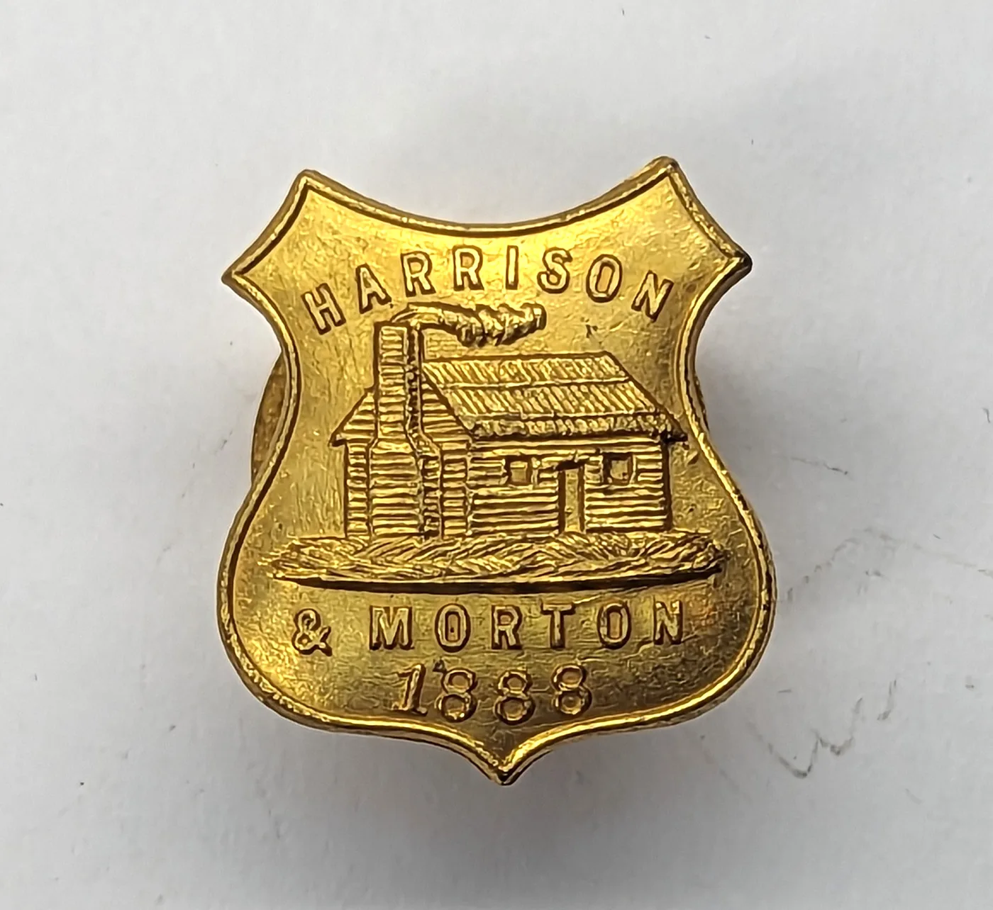 1888 Harrison Morton Log Cabin Lapel Stud BH 1888-87 Shield Brass
