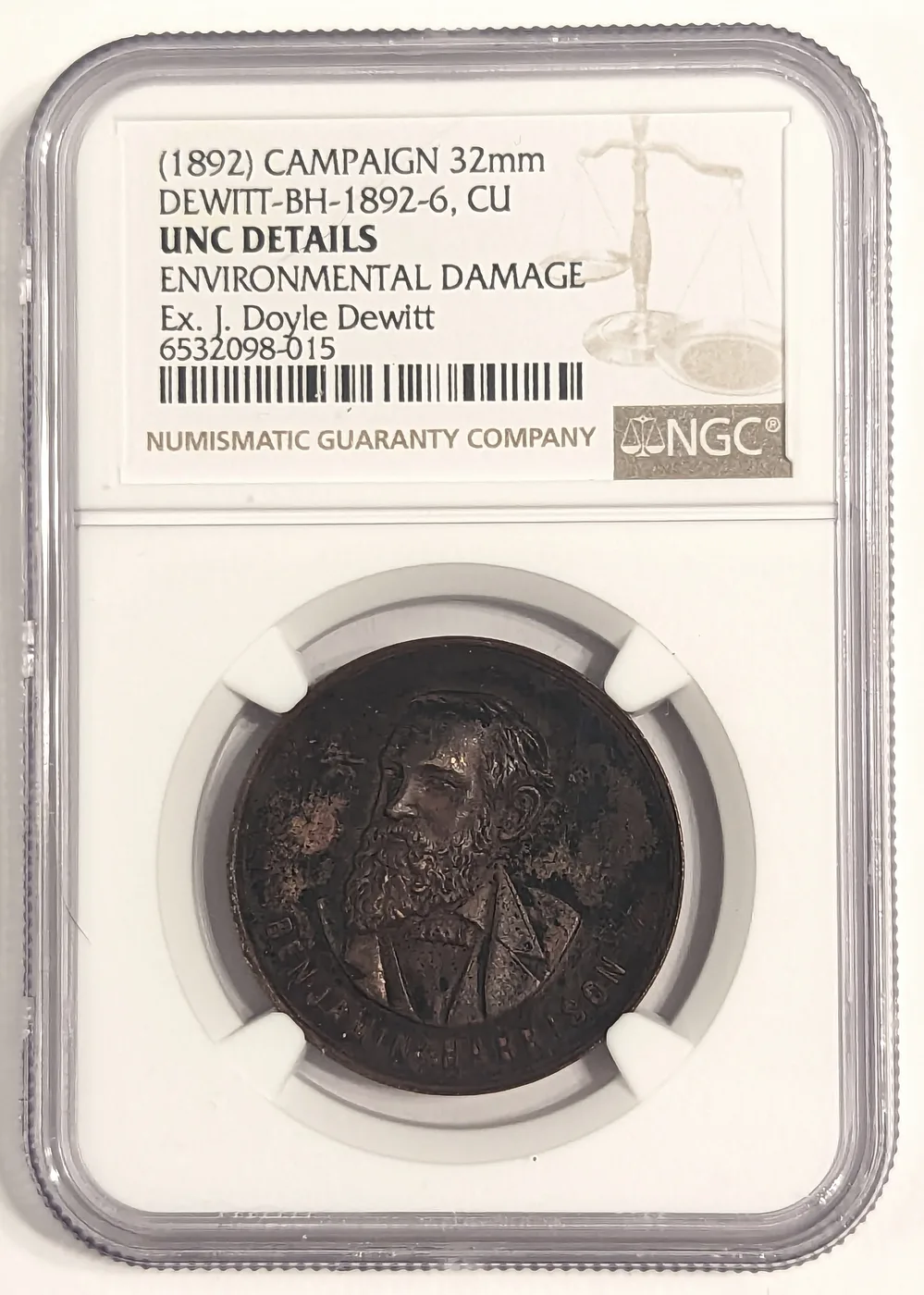 1892 Benjamin Harrison BH 1892-6 NGC Unc Details Campaign Medal Copper