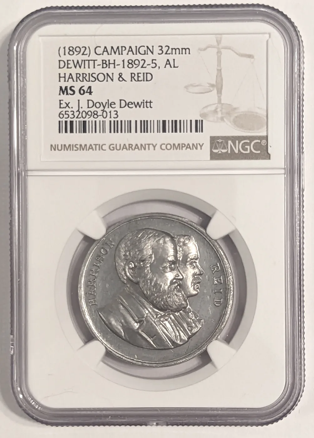 1892 Benjamin Harrison Reid NGC MS64 BH 1892-5 Campaign Medal Ex DeWitt