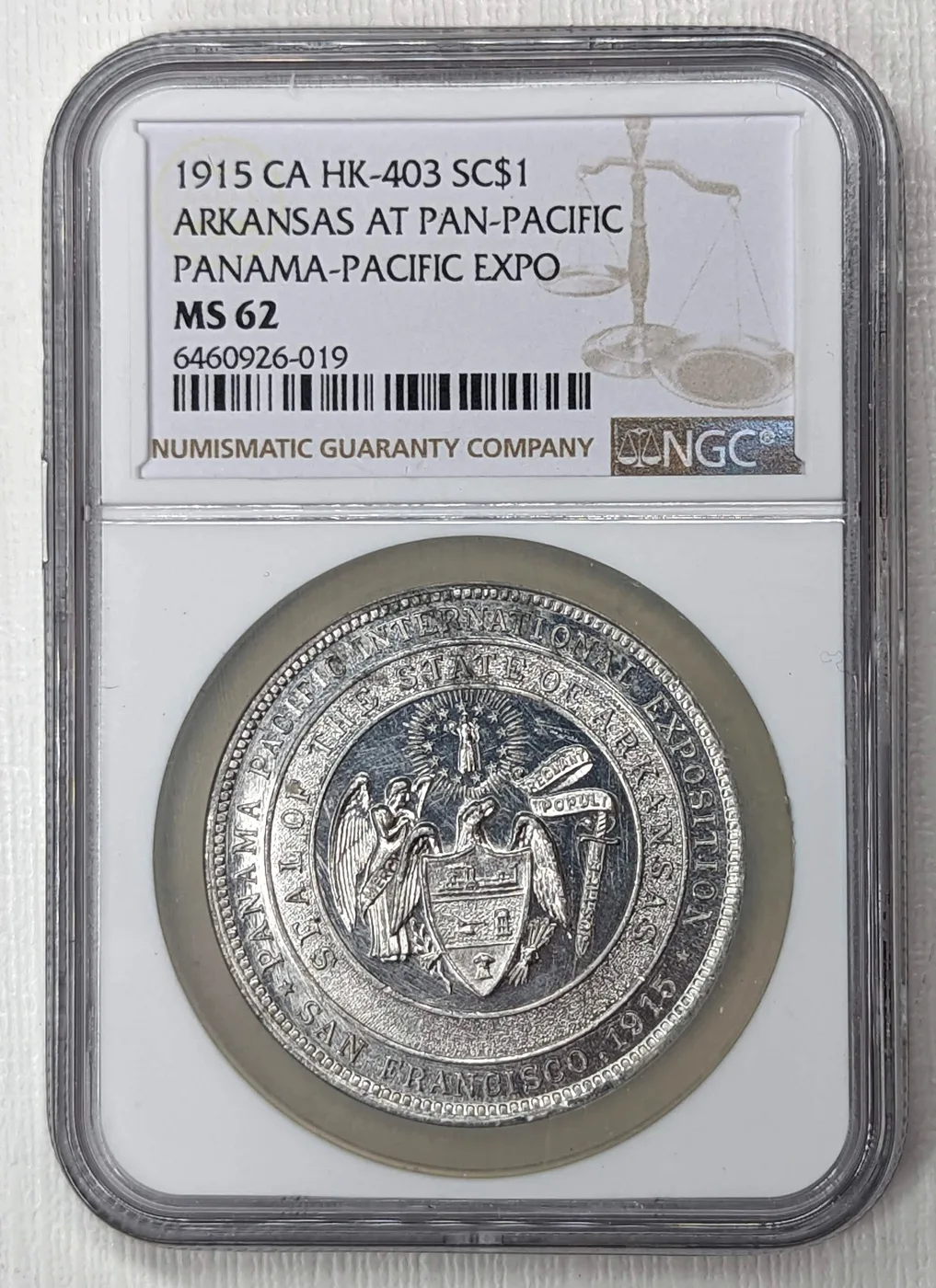 1915 Panama Pacific Exposition Arkansas HK 403 MS62 NGC So Called Dollar