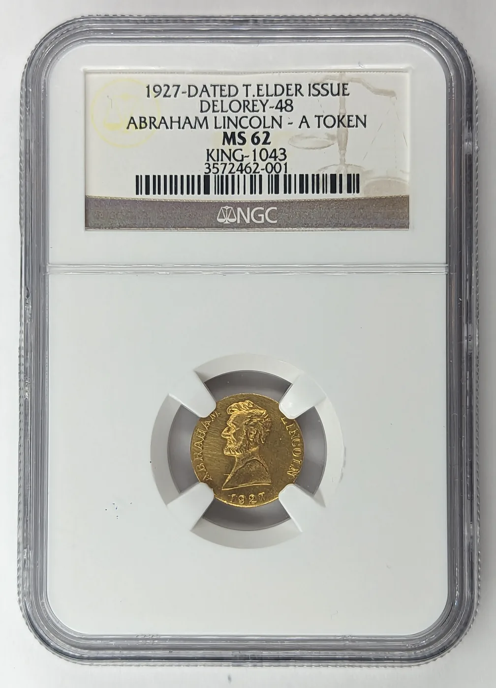 1927 Lincoln 18k Gold Medal By Thomas Elder NGC MS62