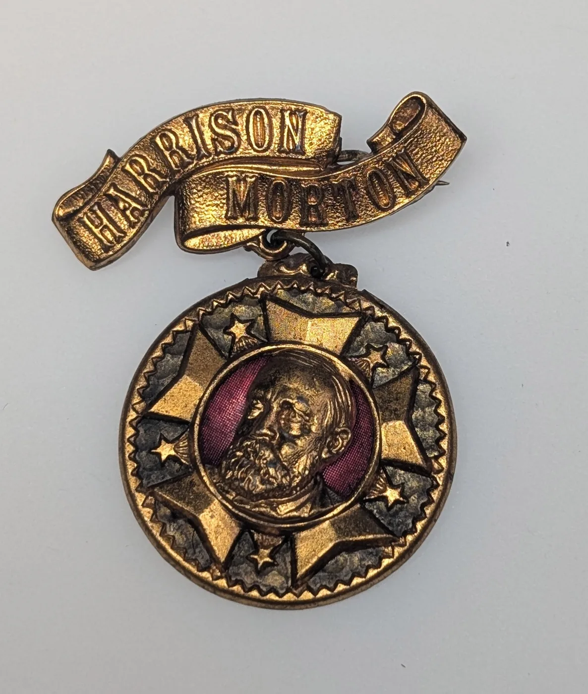 Ornate 1888 Benjamin Harrison & Morton Gilt Shell Pin Badge DeWitt BH-1888-51