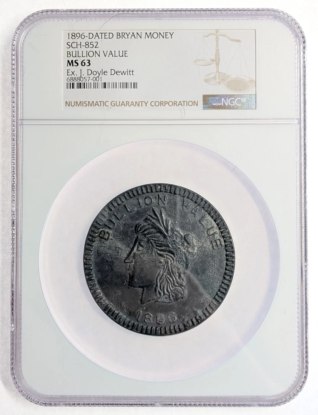 1896 Bryan Money MS63 SCH-852 Bullion Value Schornstein-852 NGC Uncirculated