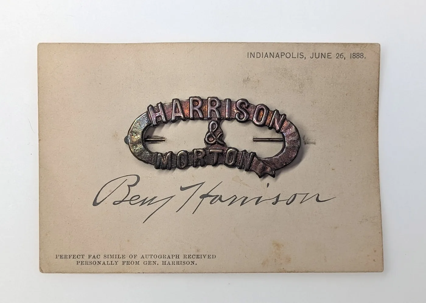 Rare 1888 Harrison & Morton Shell Badge Pin w/Original Backer Card Indianapolis