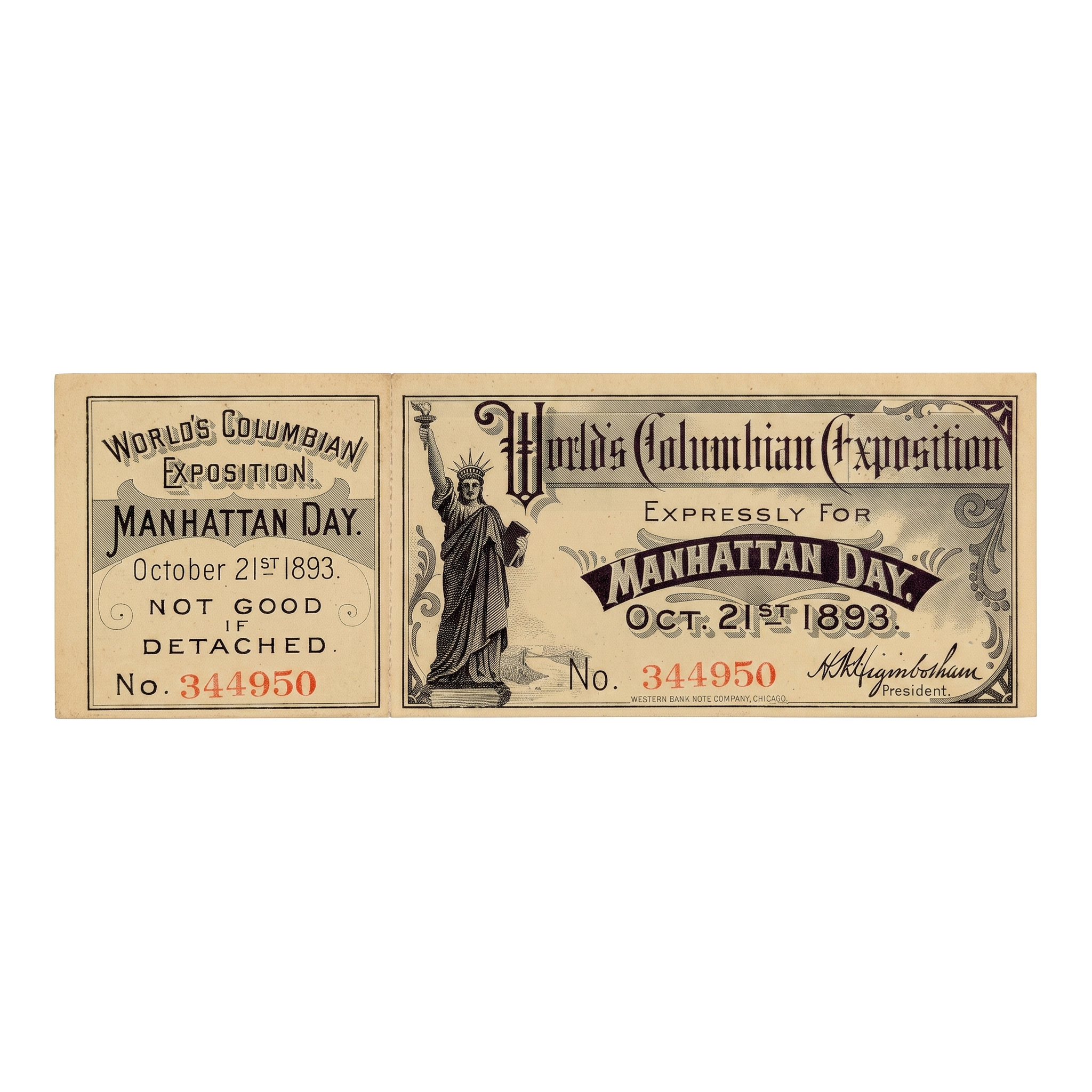 1893 World's Columbian Exposition Manhattan Day Ticket No. 344950, face