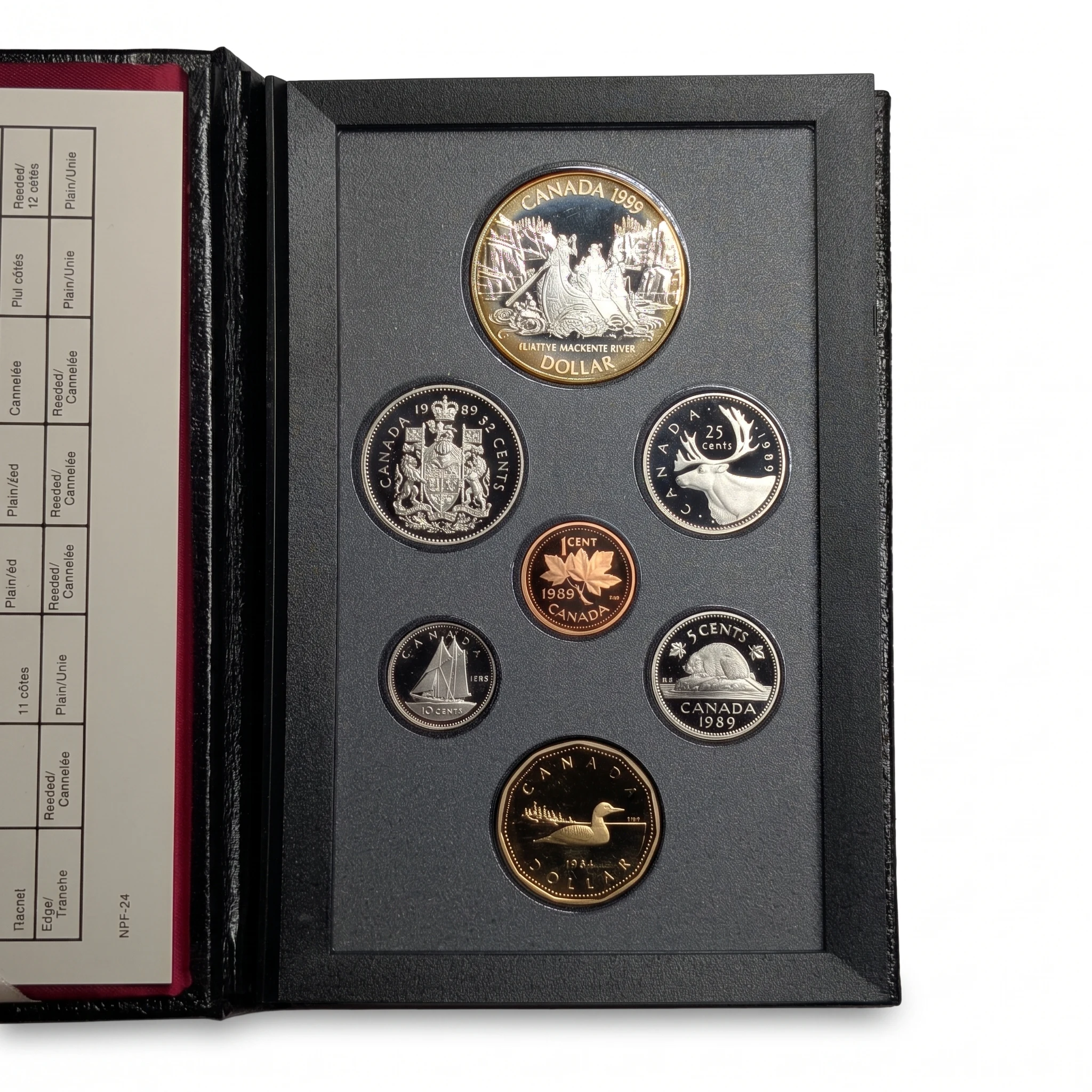 1989 Canadian proof set open, reverses of all seven coins