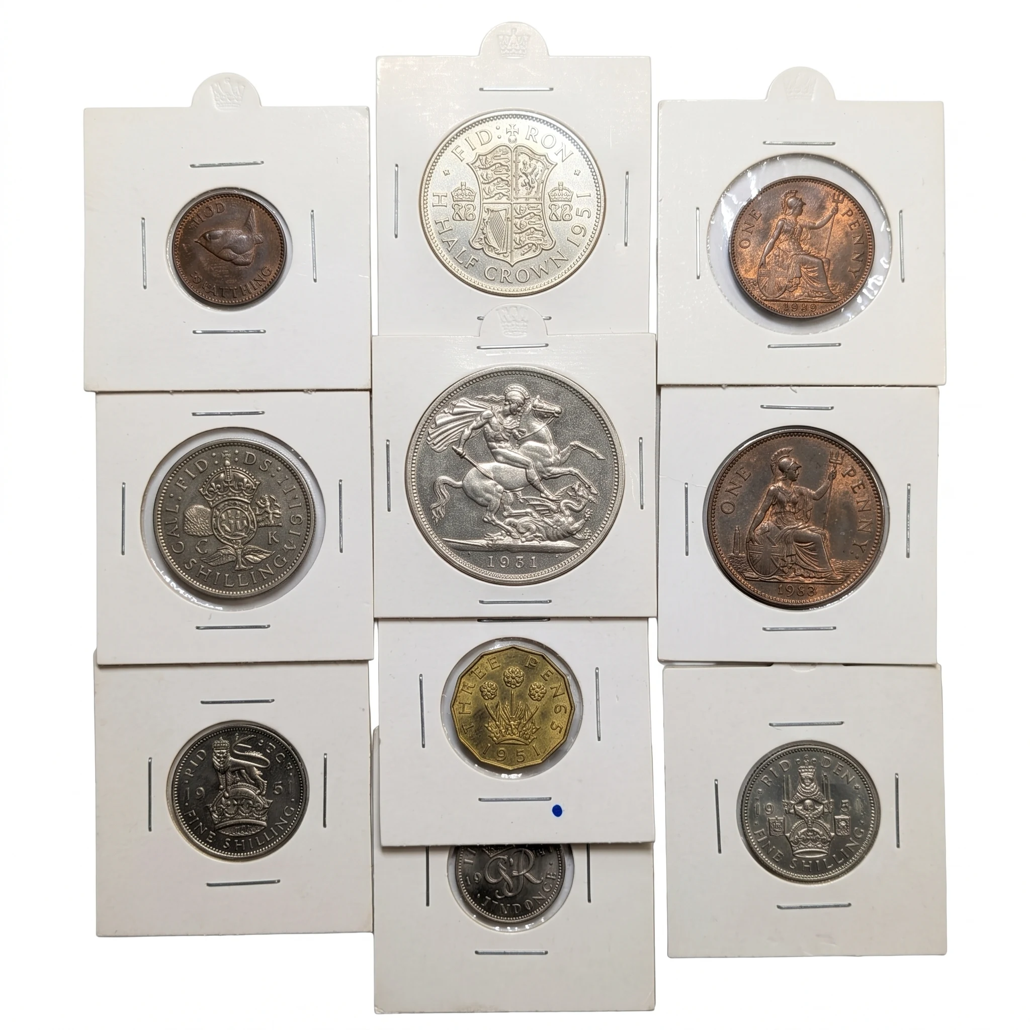 The ten coins in individual holders