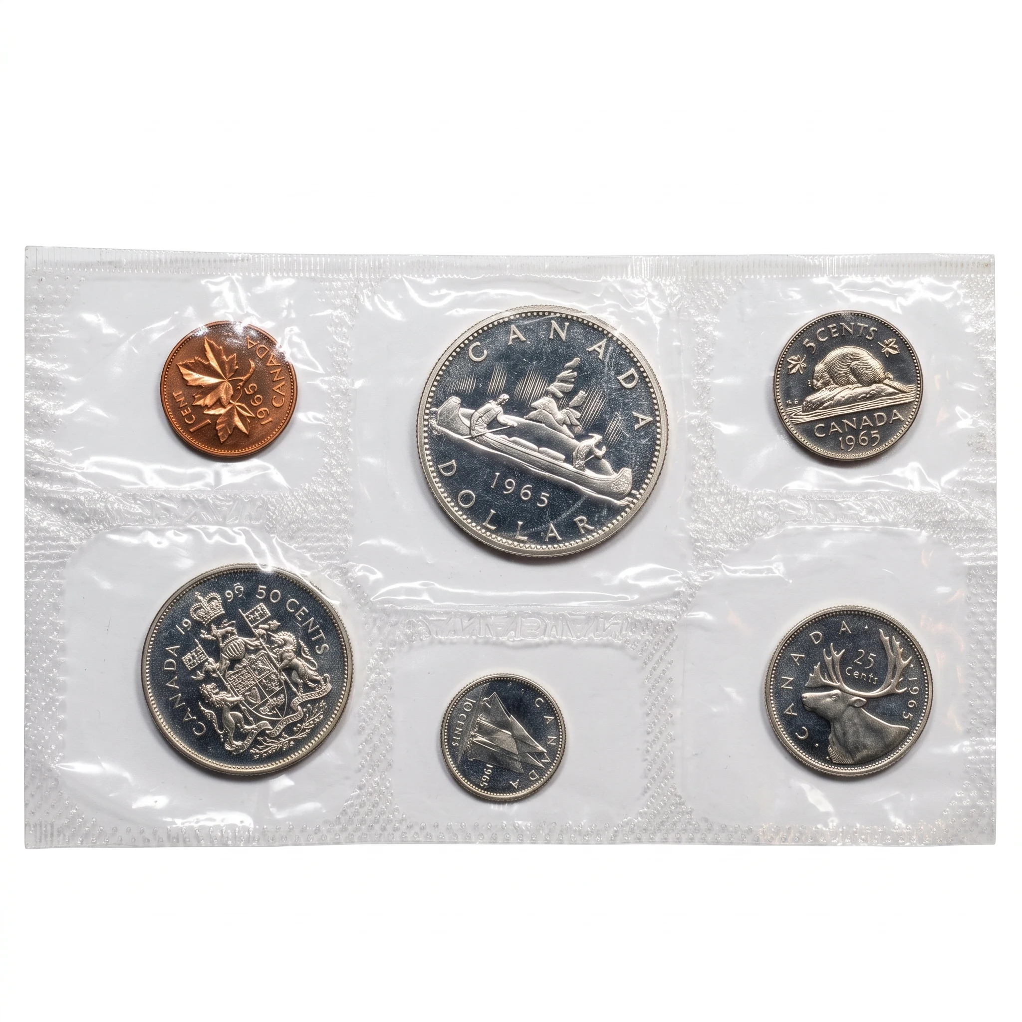 Reverses of the six coins in the 1965 Canadian proof-like set, sealed in pliofilm