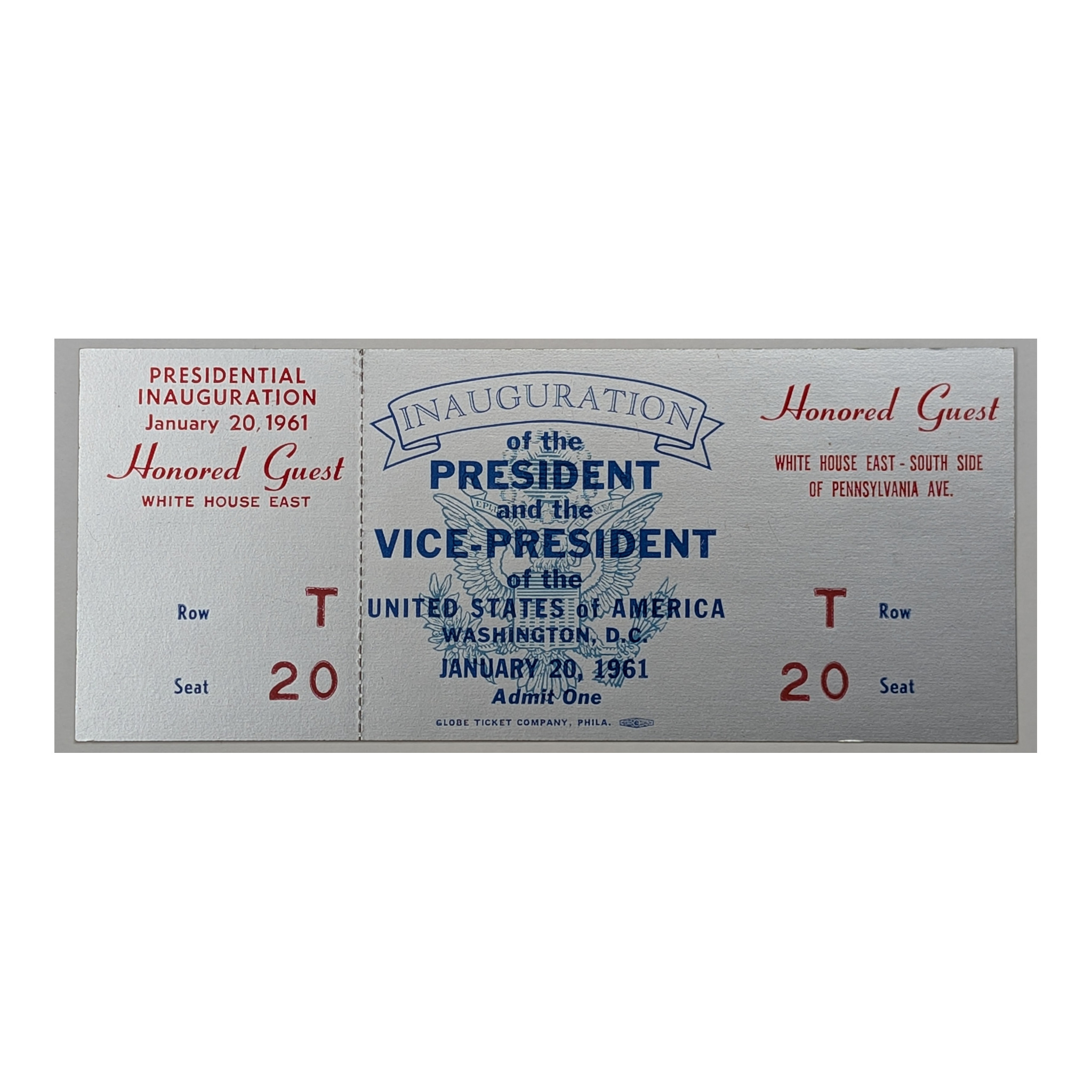 1961 John F. Kennedy Inauguration Honored Guest Ticket White House East Row T Seat 20, face
