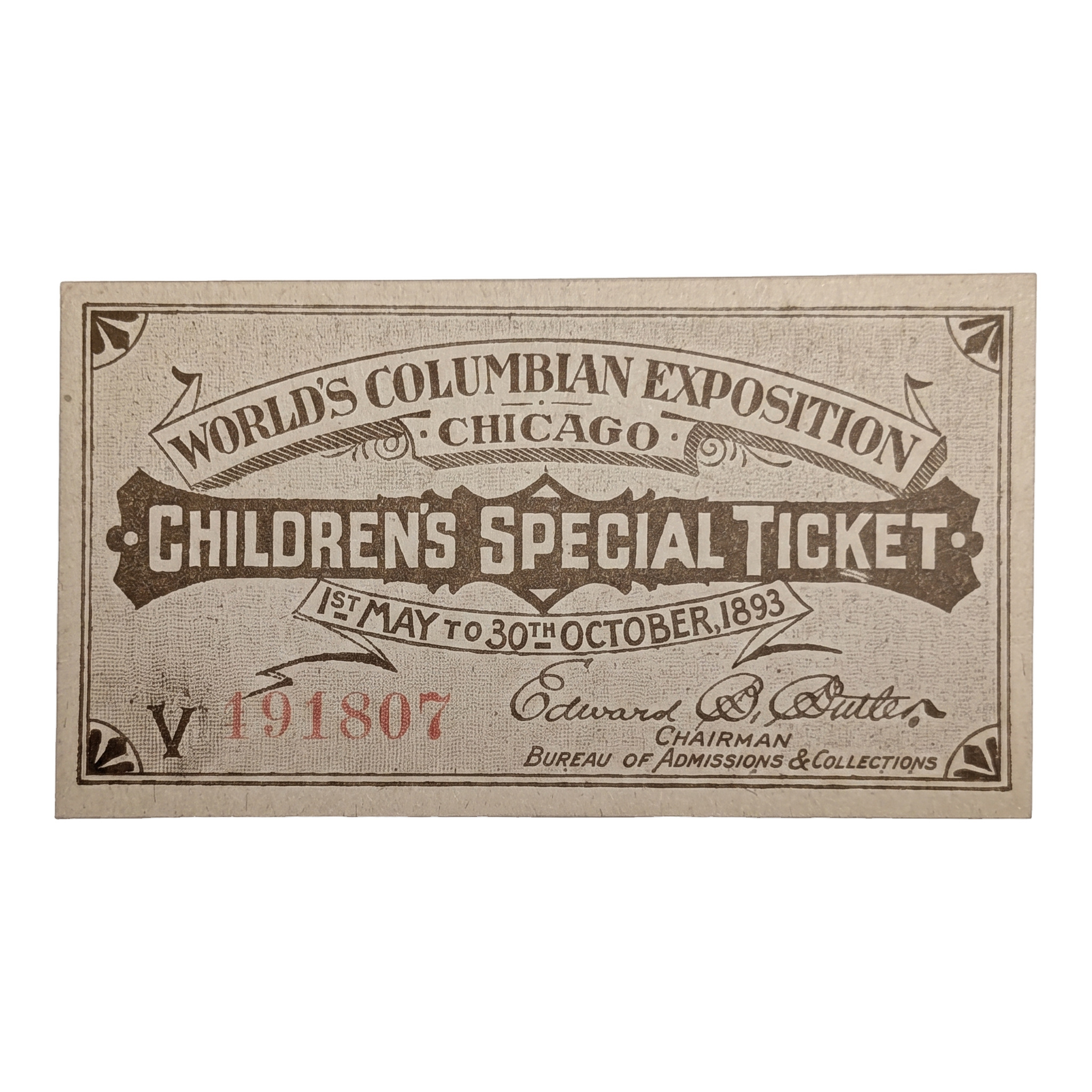 1893 World's Columbian Exposition Children's Special Ticket V 191807, face
