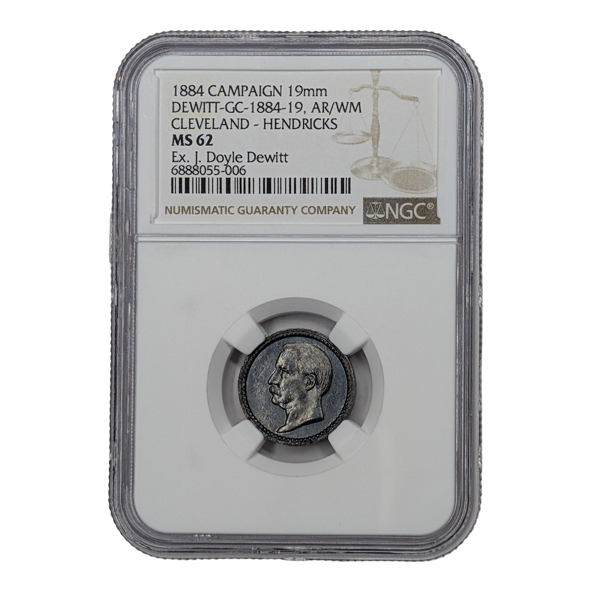 1884 Grover Cleveland Campaign Medal DeWitt GC 1884-19 Silvered White Metal, NGC holder, label side