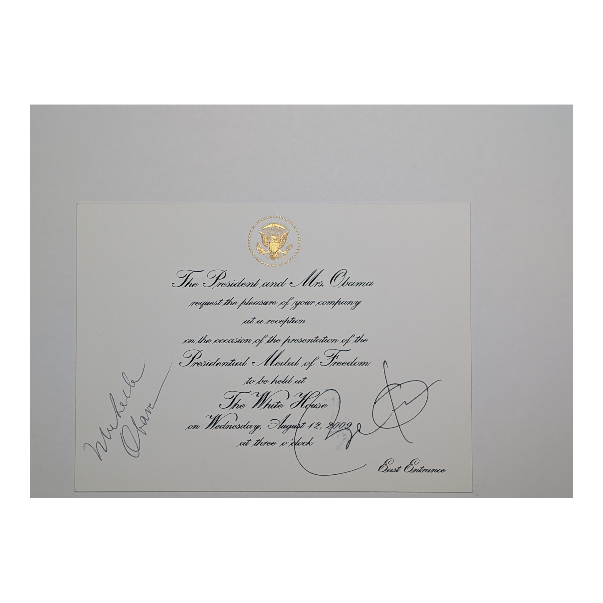 2009 Barack and Michelle Obama Signed Presidential Medal of Freedom Invitation, the signed invitation, full card