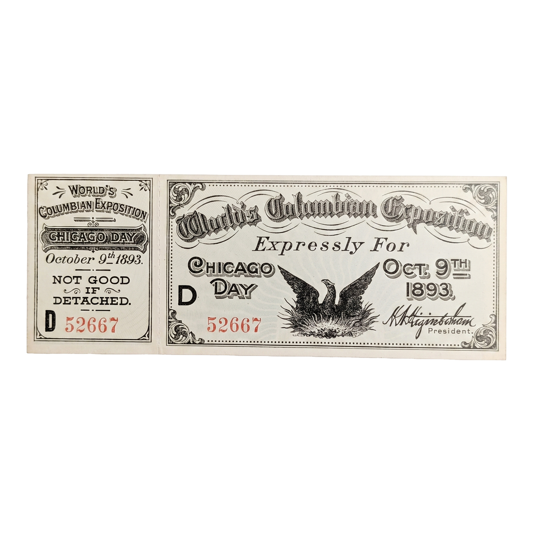1893 World's Columbian Exposition Chicago Day Ticket D 52667, face