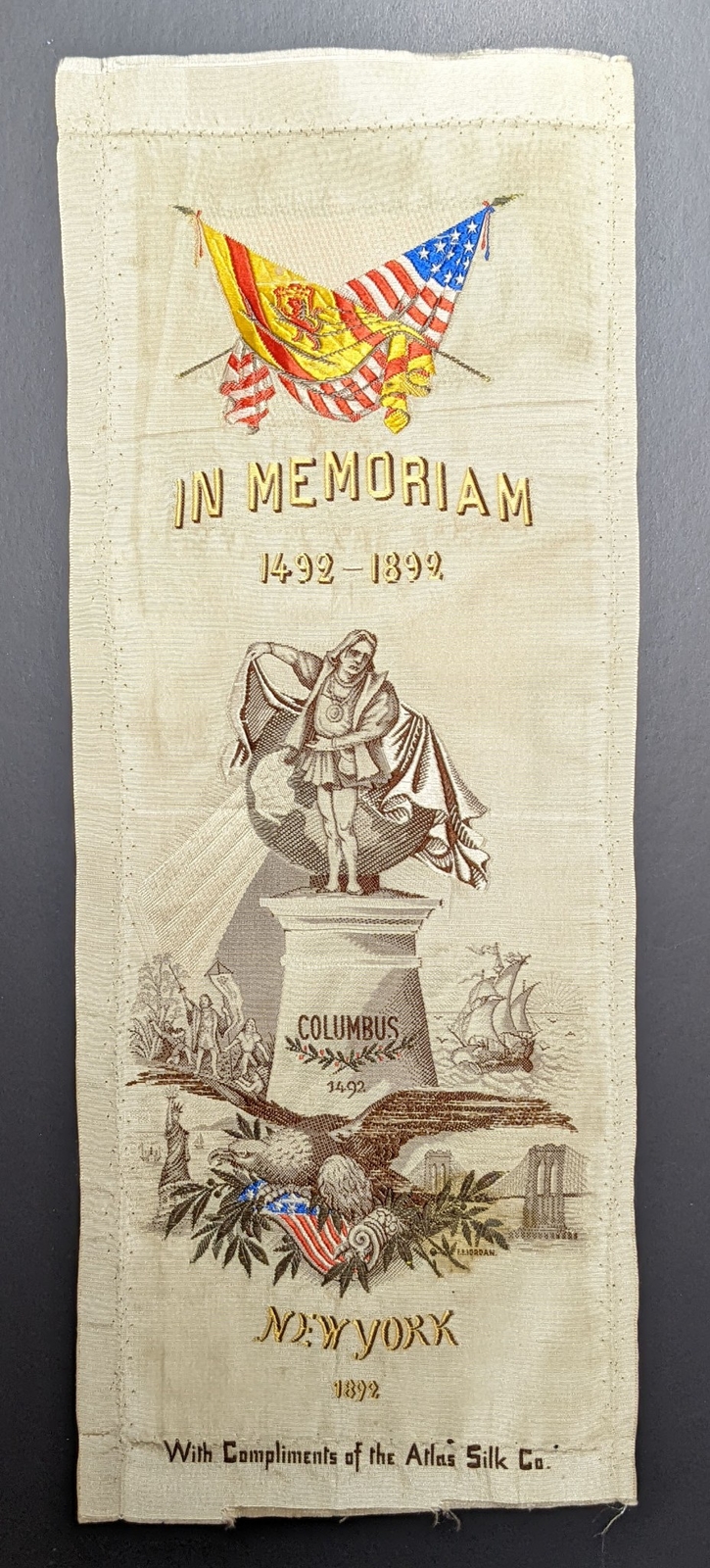 1492-1892 In Memoriam Christopher Columbus Atlas Silk Bookmark Ribbon