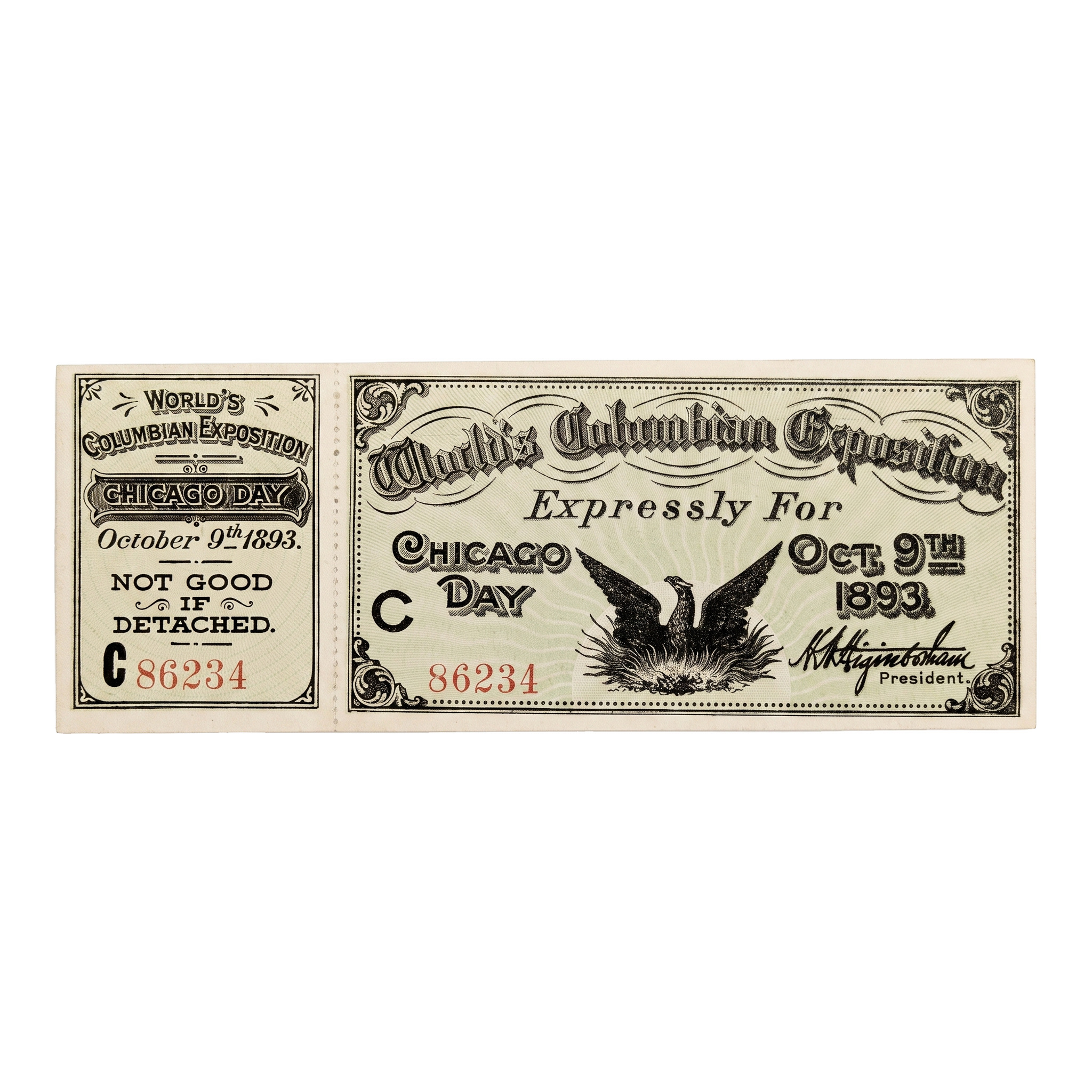 1893 World's Columbian Exposition Chicago Day Ticket C 86234, face