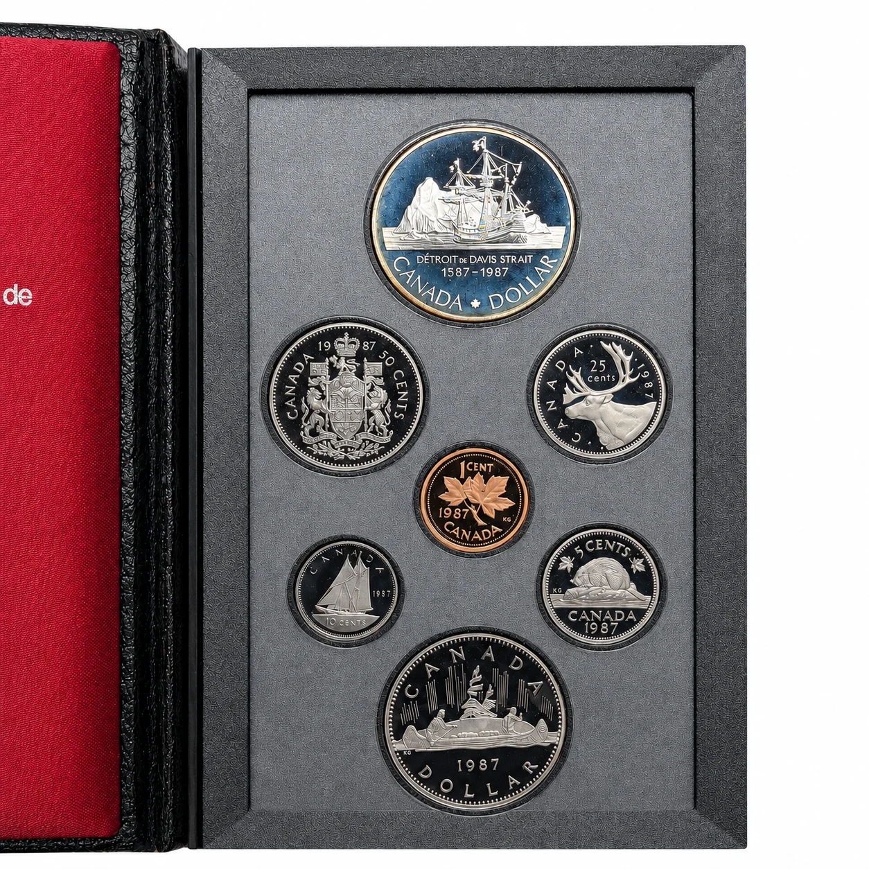 1987 Canadian proof set open, reverses of all seven coins