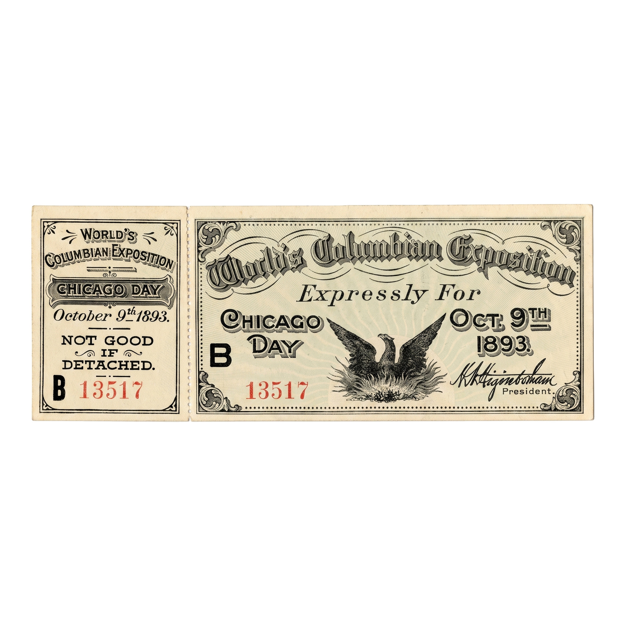 1893 World's Columbian Exposition Chicago Day Ticket B 13517, face
