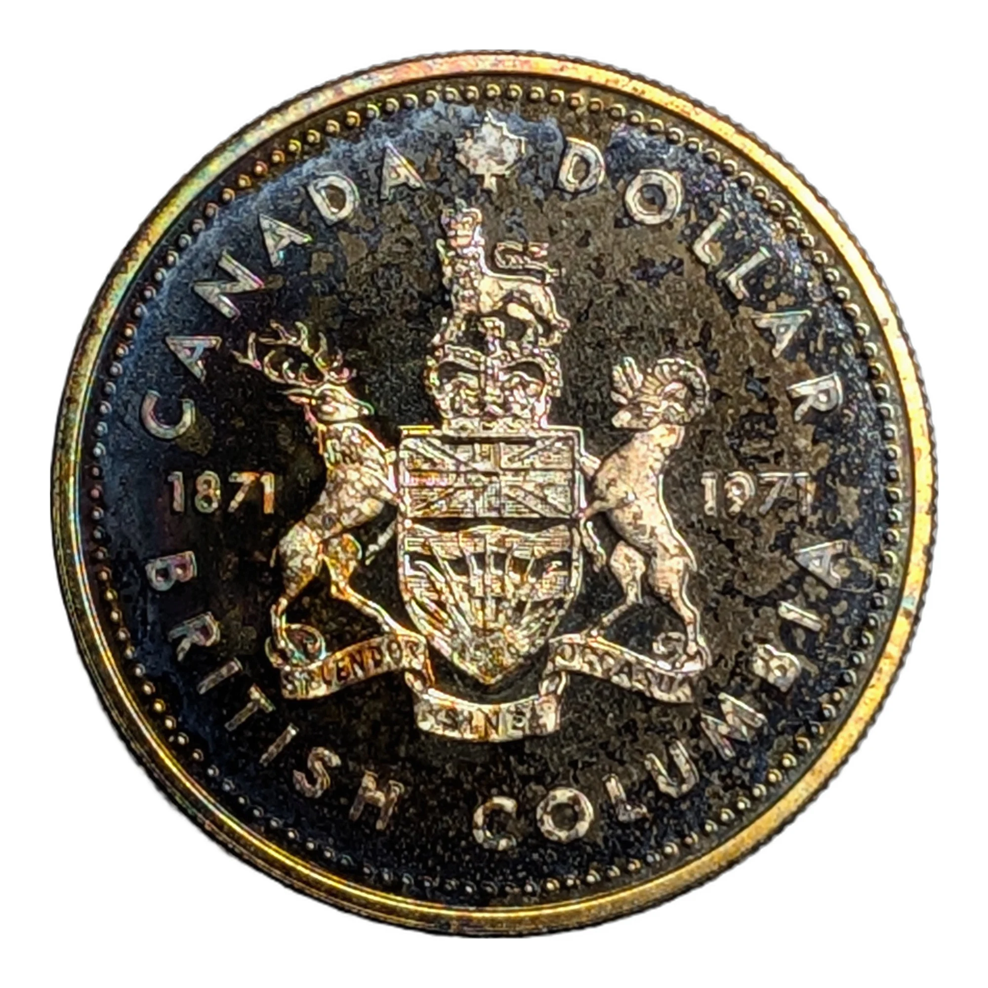 Reverse, the arms of British Columbia in deep gold
