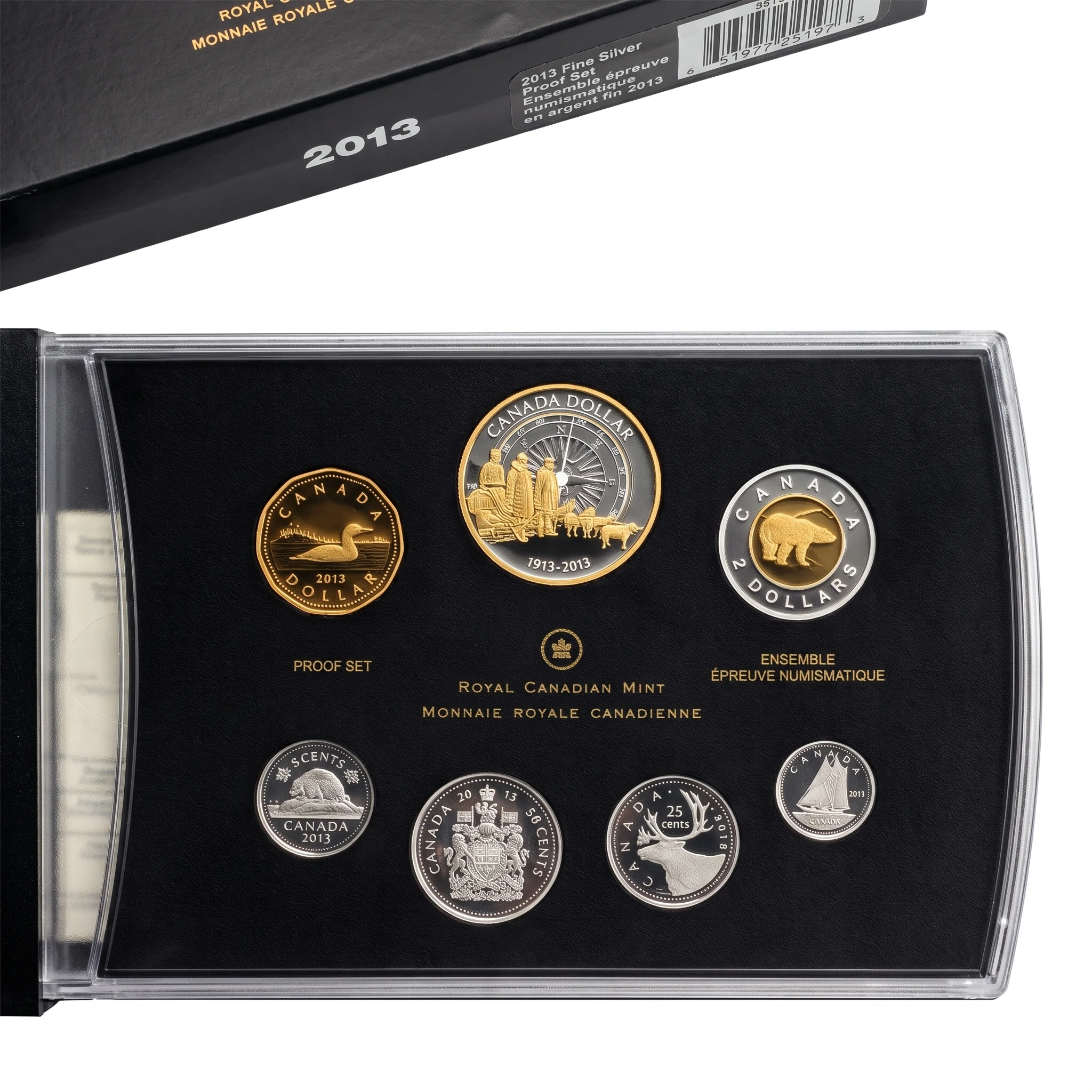 2013 Canadian fine silver proof set open, reverses of all seven coins