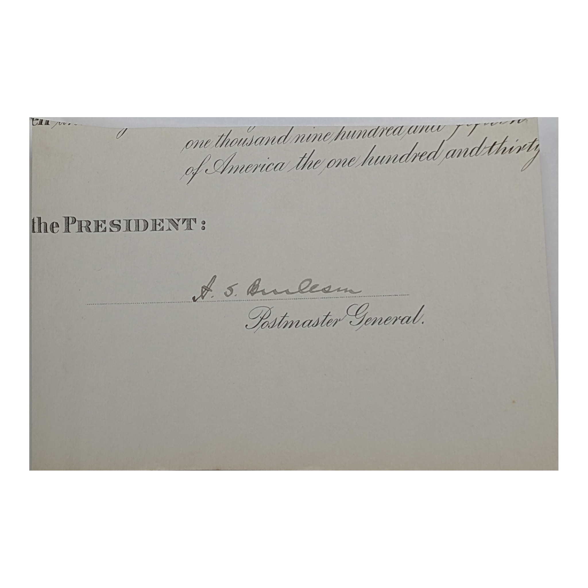 Albert Sidney Burleson Signed Postmaster General Commission Portion, the signed portion