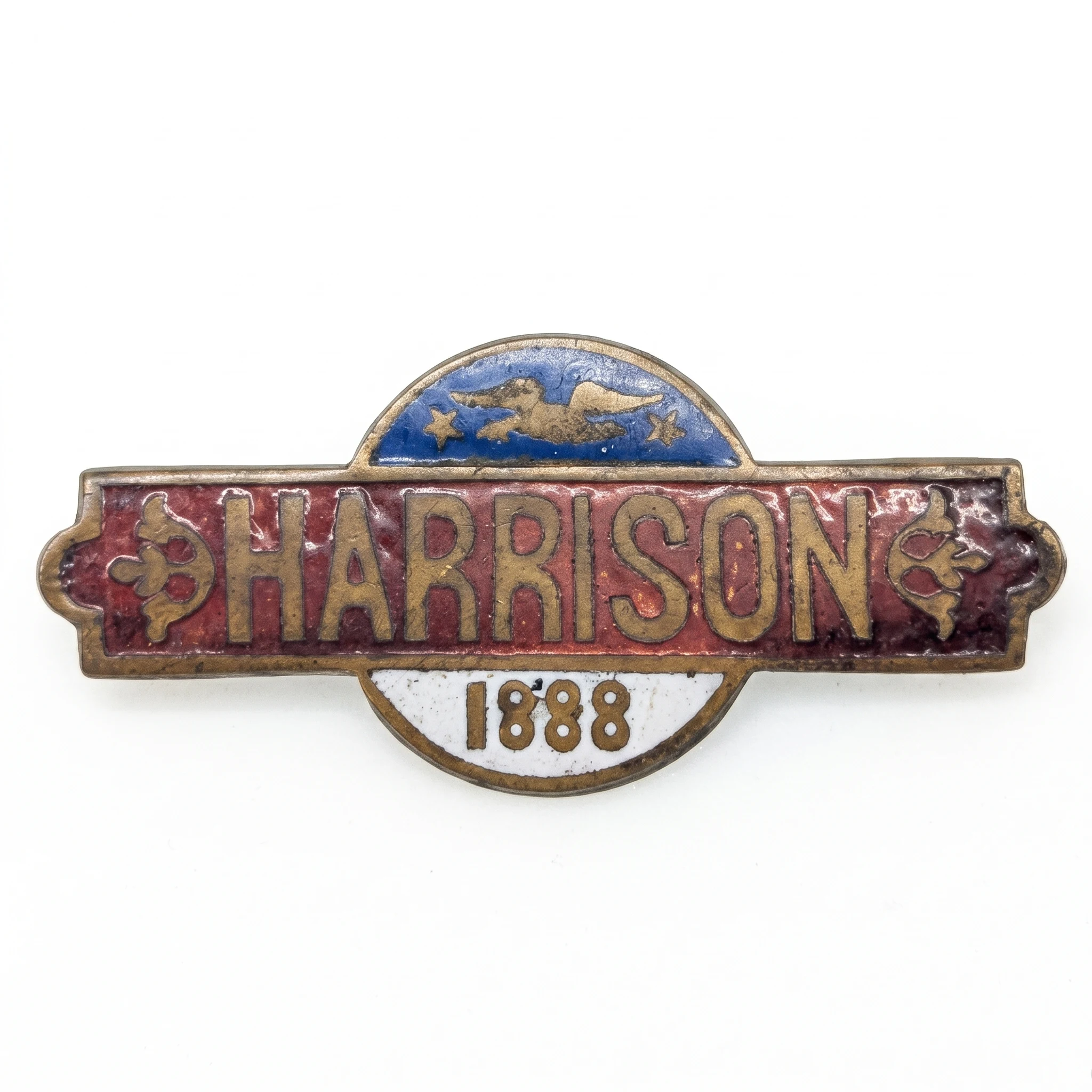 Front, the enameled HARRISON bar with eagle above and 1888 below