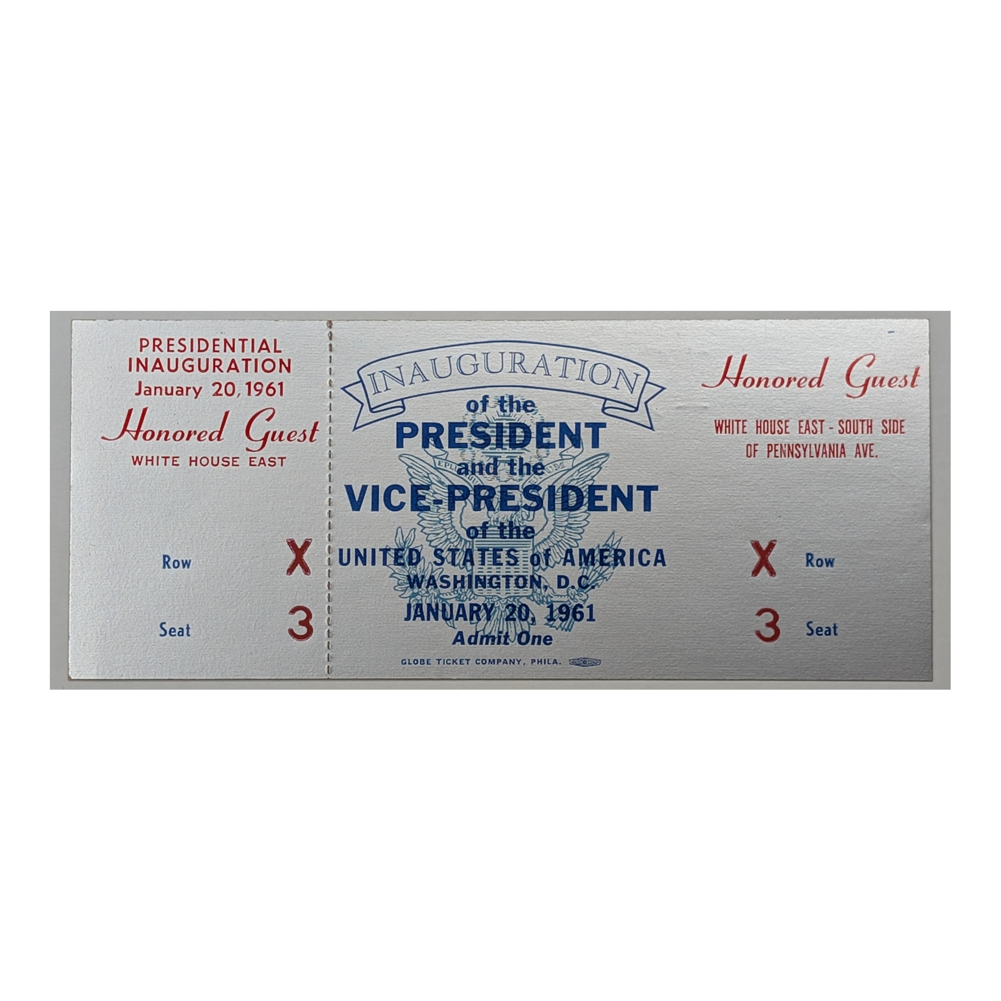 1961 John F. Kennedy Inauguration Honored Guest Ticket White House East Row X Seat 3, face