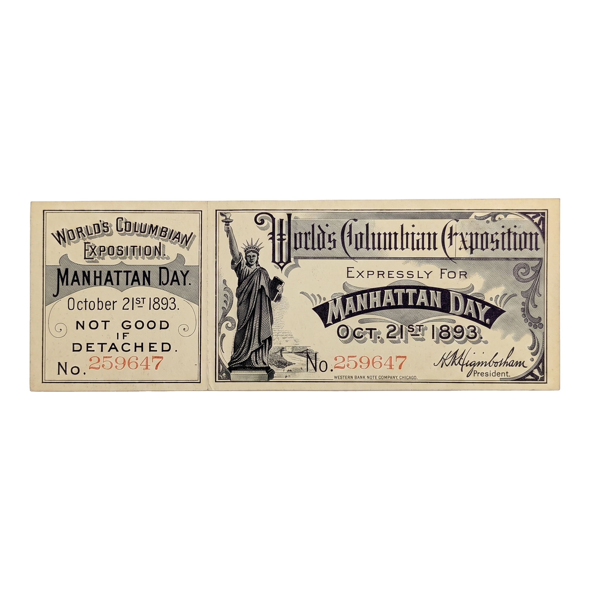 1893 World's Columbian Exposition Manhattan Day Ticket No. 259647, face