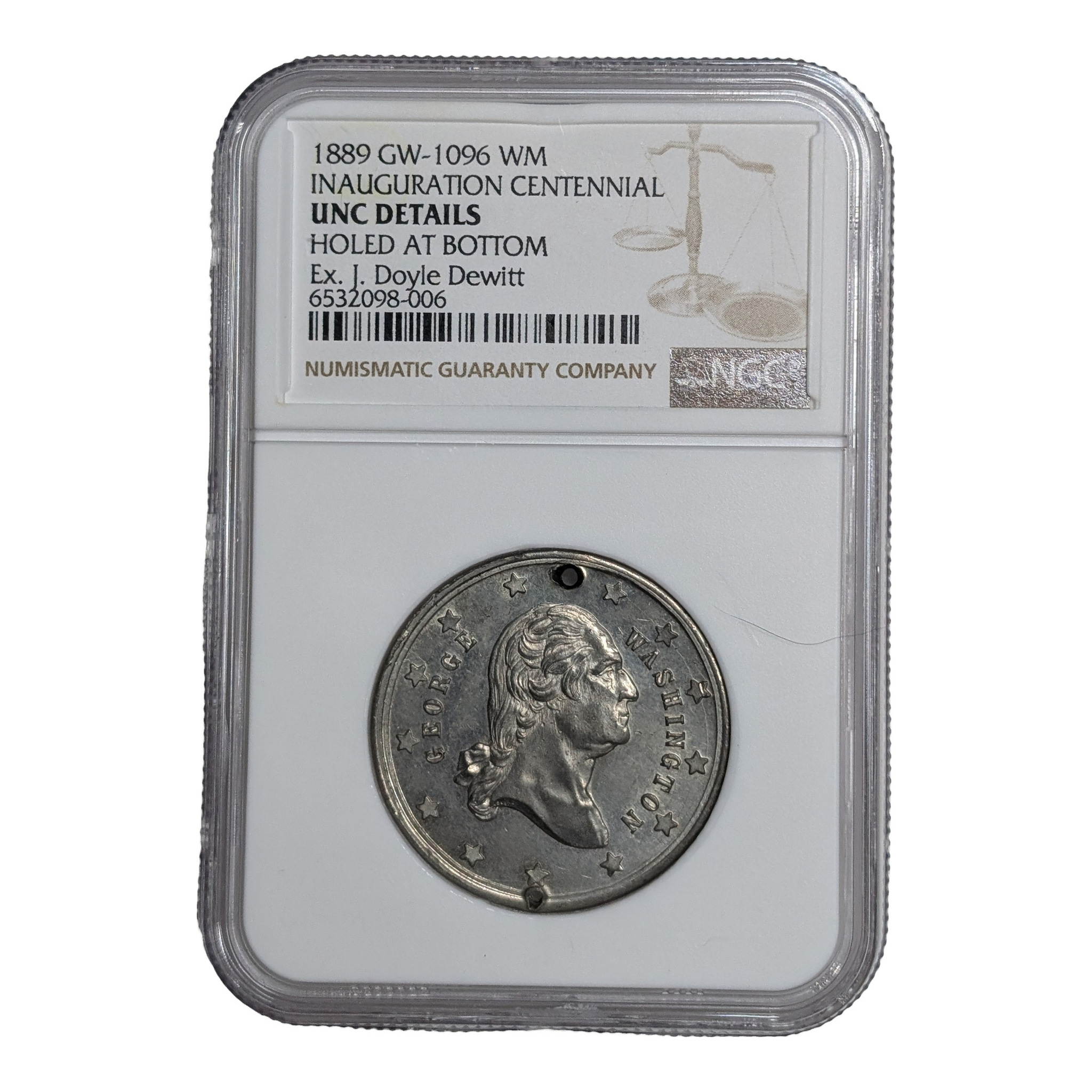 1889 George Washington Inauguration Centennial Medal GW-1096 White Metal Holed, NGC holder, obverse