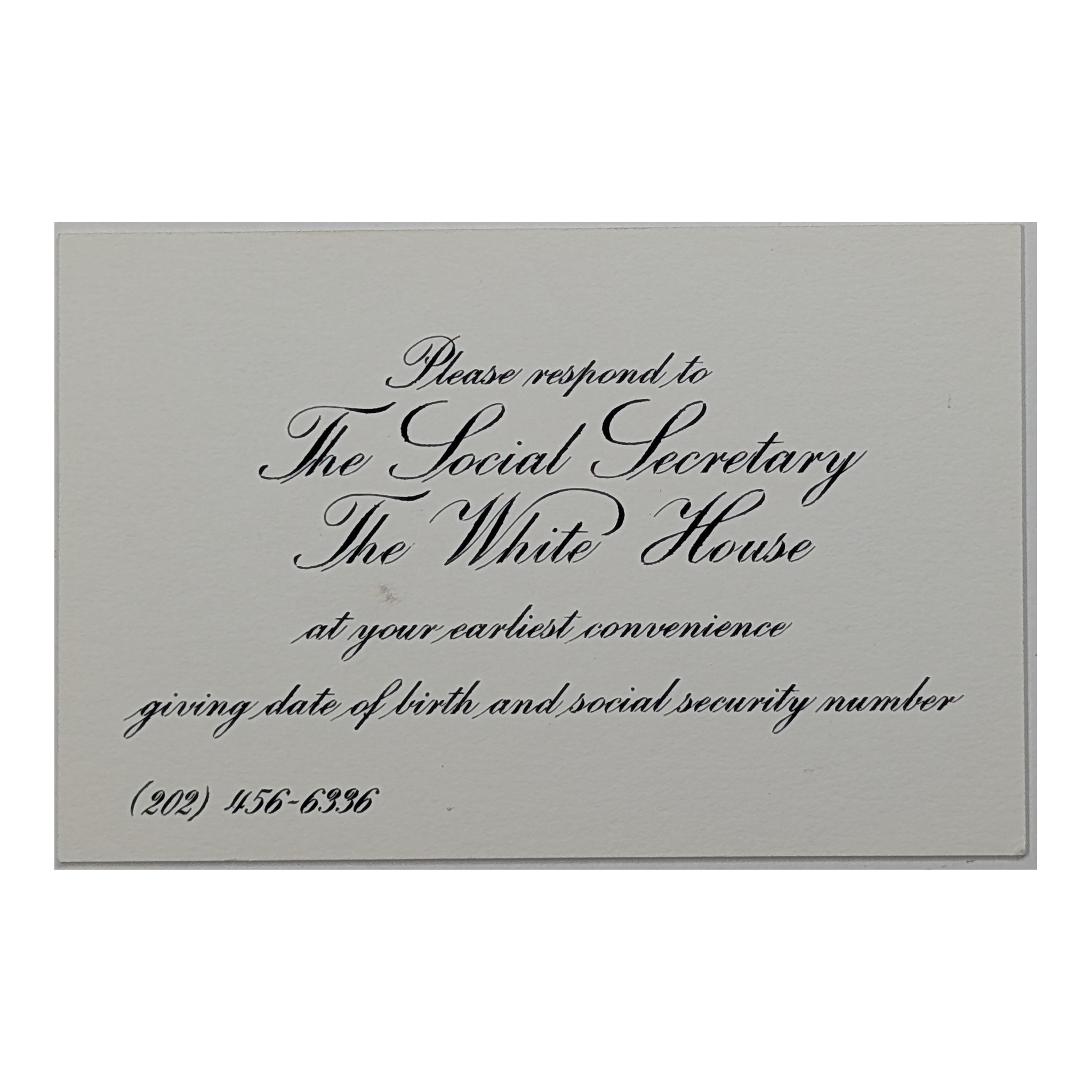 White House Social Secretary Response Card, Chita Rivera Estate, engraved face