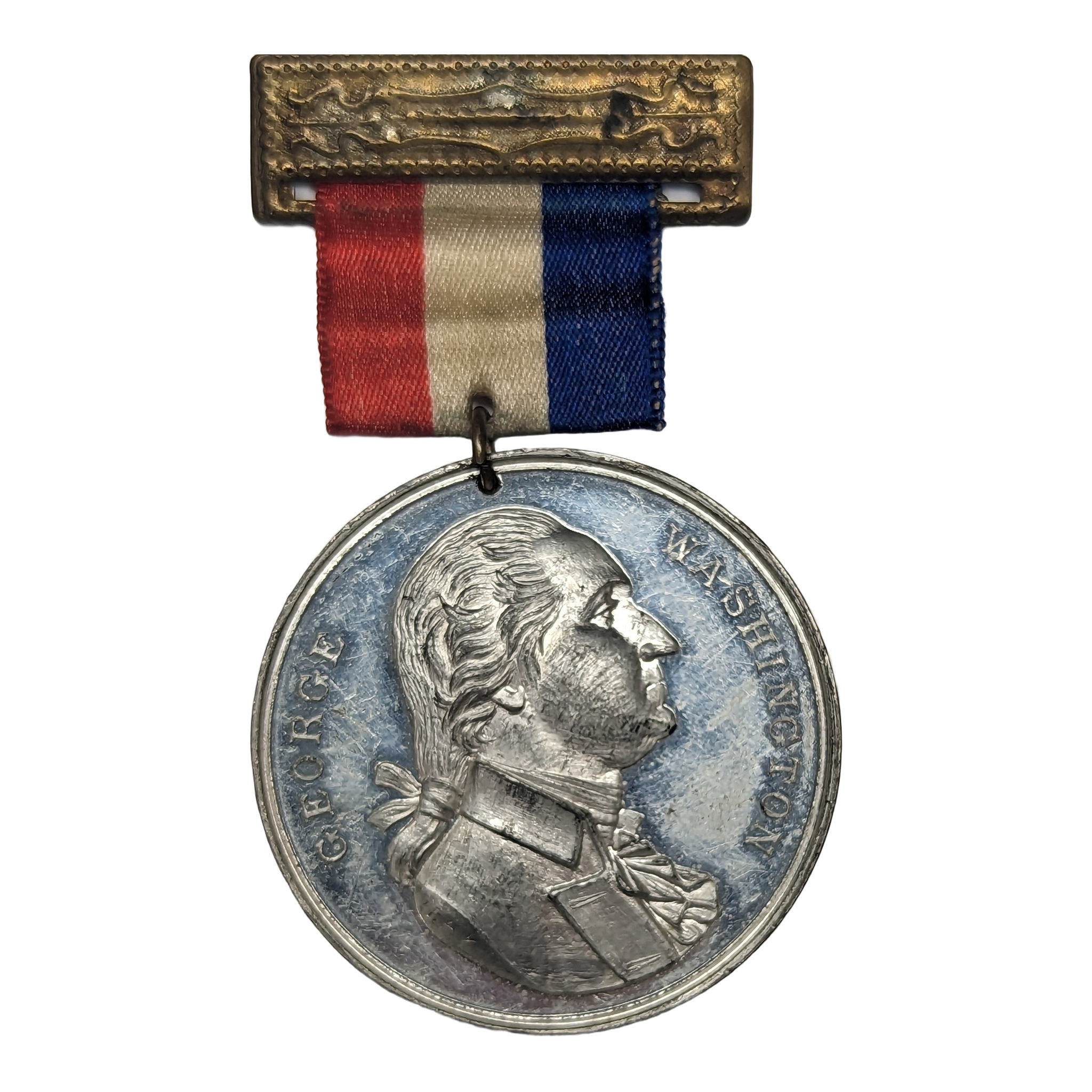 1889 George Washington Centennial Equestrian Medal GW-1104 White Metal, obverse, with hanger bar and original ribbon