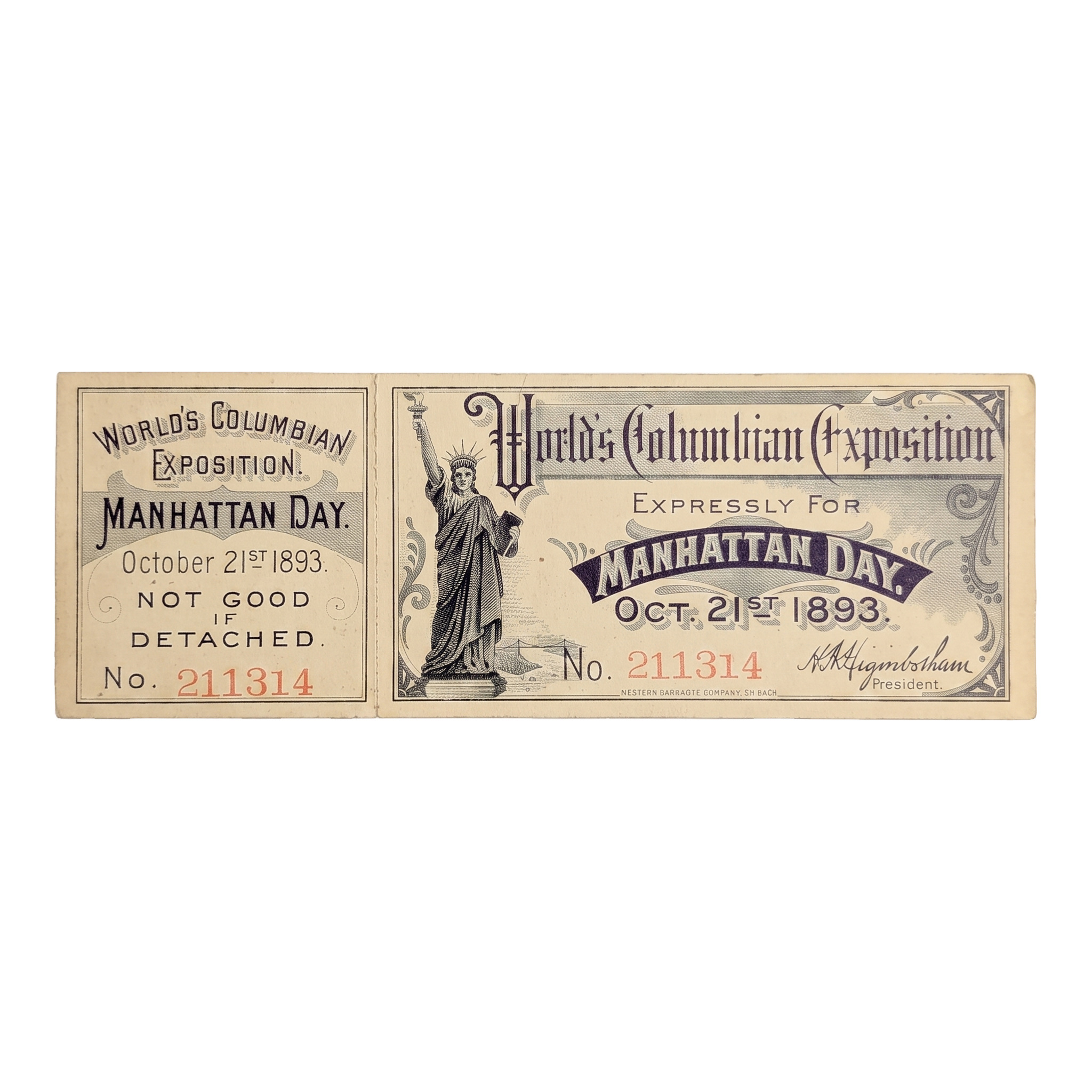 1893 World's Columbian Exposition Manhattan Day Ticket No. 211314, face