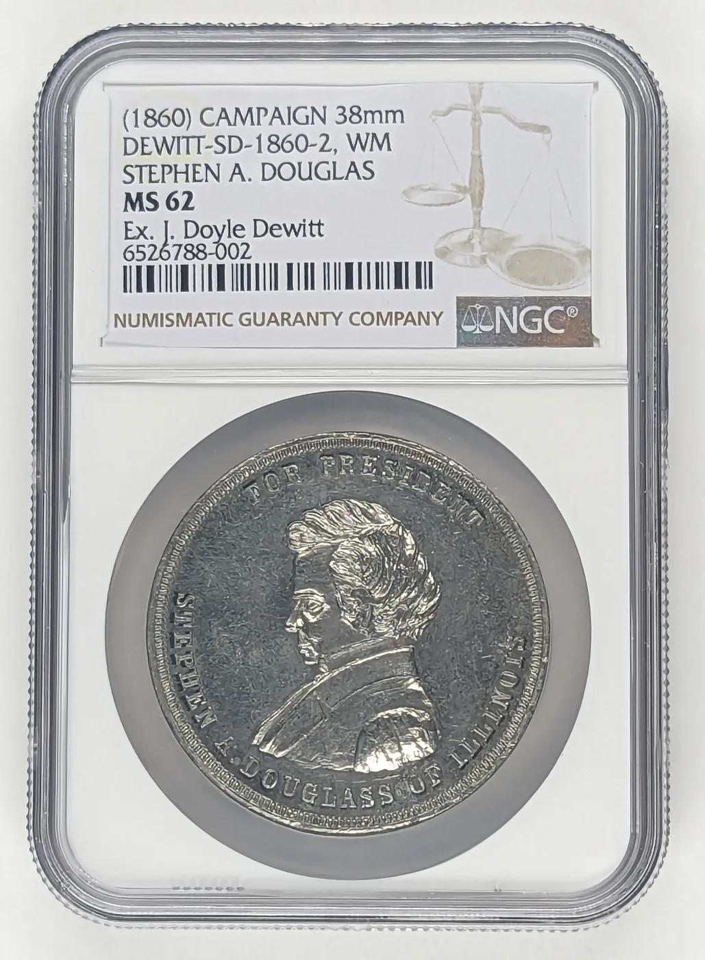 1860 Stephen A. Douglas Campaign Medal DeWitt SD 1860-2 White Metal