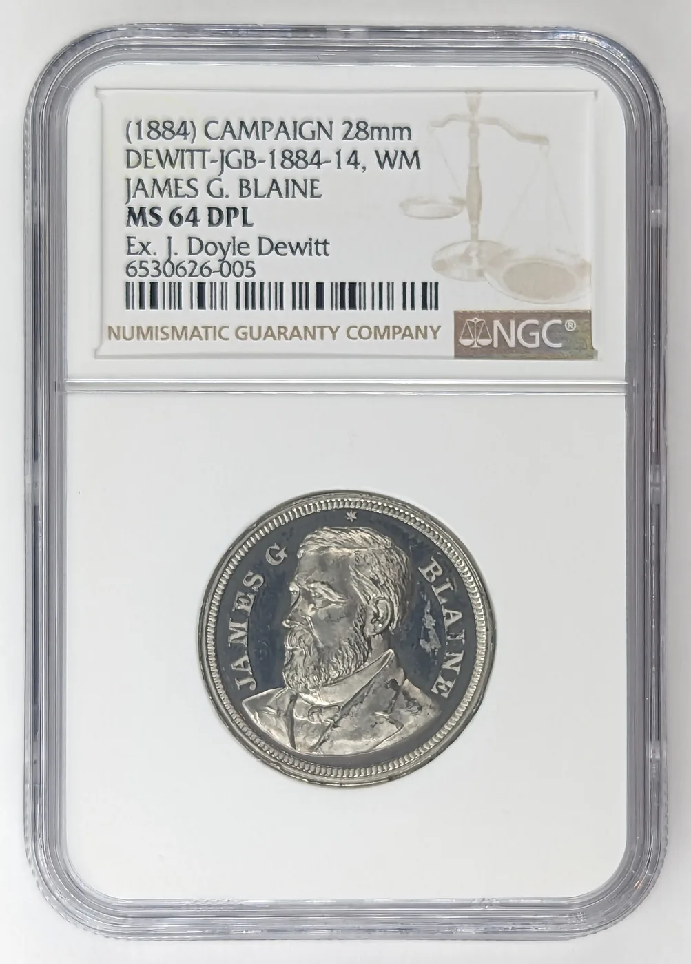 1884 James G. Blaine Campaign Medal DeWitt JGB 1884-14 White Metal