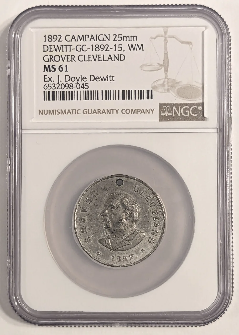 1892 Grover Cleveland Campaign Medal DeWitt GC 1892-15 White Metal