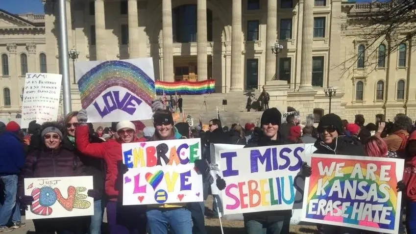 Advocates demonstrating for equality and civil rights during a rally at the Kansas Statehouse