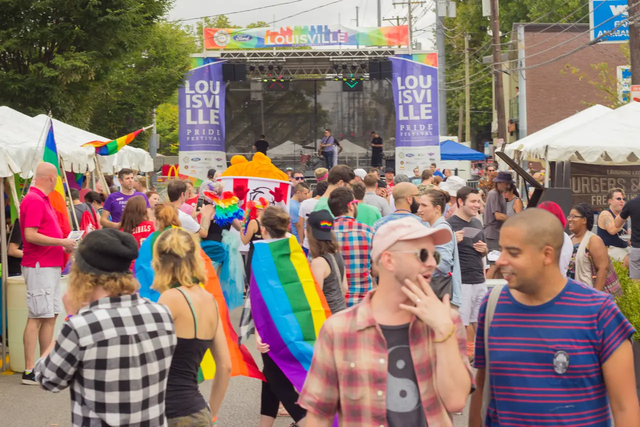 Crowd gathered before the main entertainment stage during the annual Louisville Pride Festival on Bardstown Road