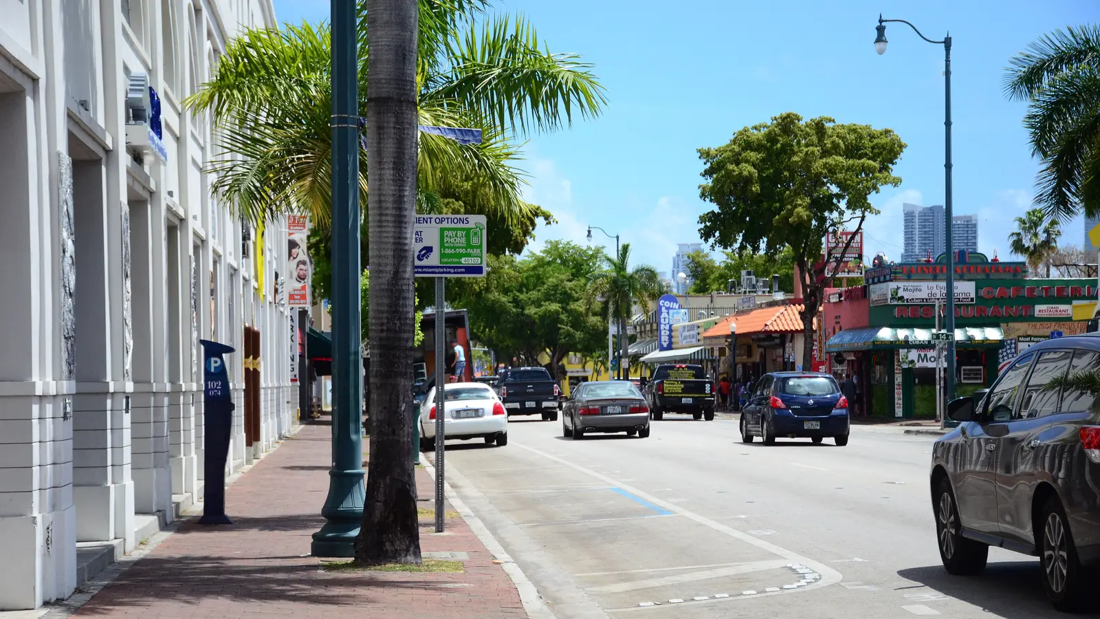 Storefronts and awnings along SW 8th Street in Miami's Little Havana