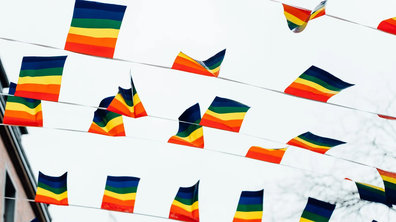 Strings of small rainbow flags crisscrossing overhead against a pale sky