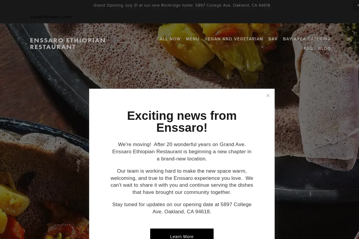 Ensarro Ethiopian Restaurant website
