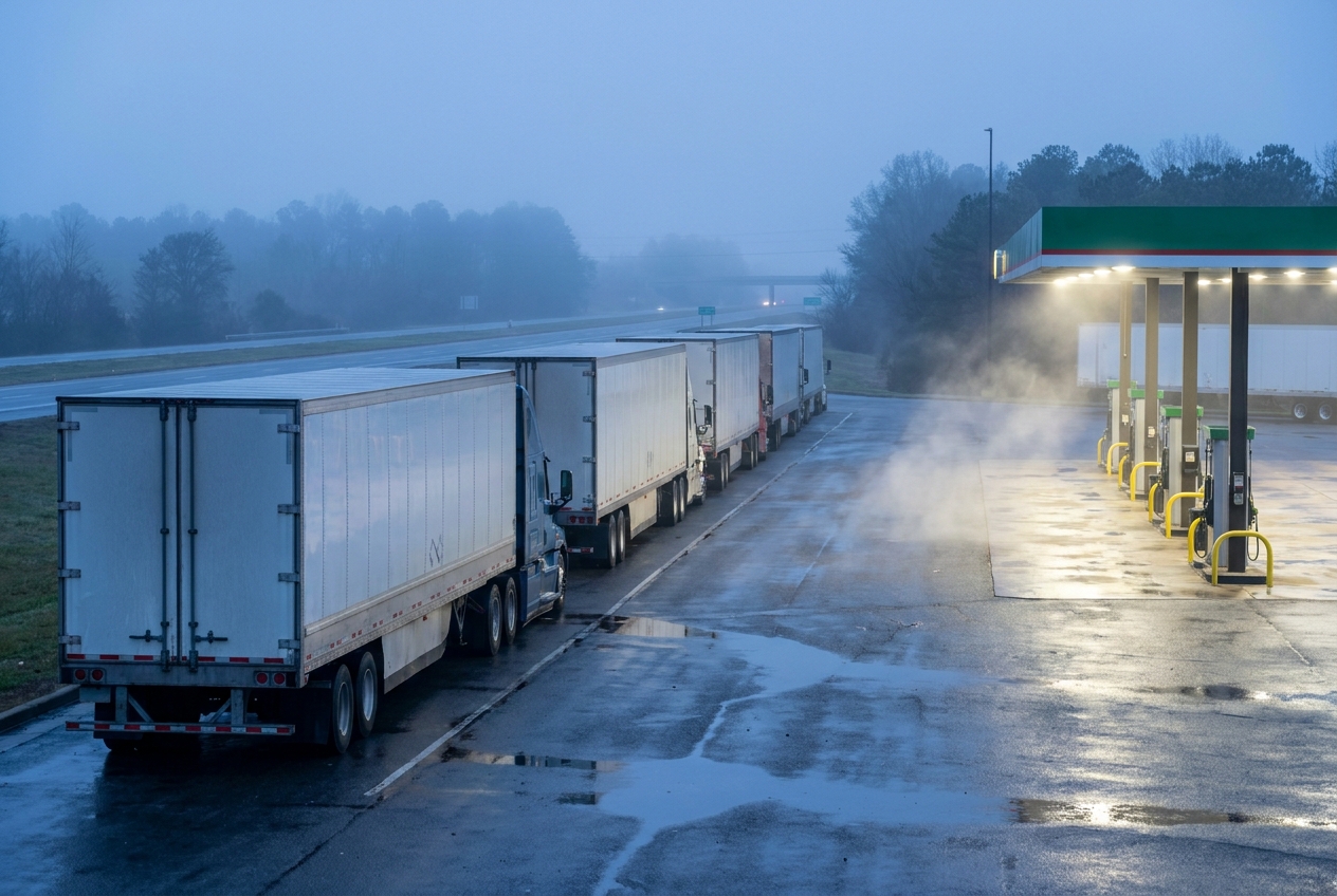 Row of long-haul dry van tractor-trailers parked at a truck stop at dawn, illustrating truckload capacity