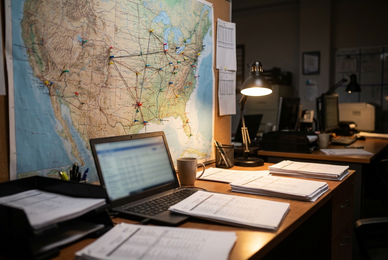 Dispatcher's desk with a wall map and freight lanes marked, representing carrier planning and priority-lane protection