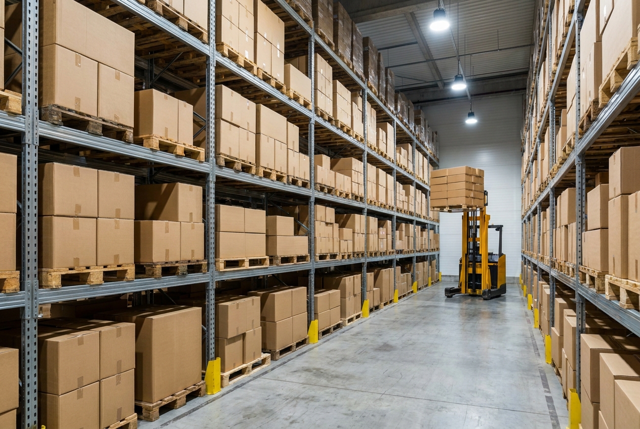 Rows of pallet racking in a 3PL fulfillment warehouse with cardboard shipping cartons and a forklift in an aisle