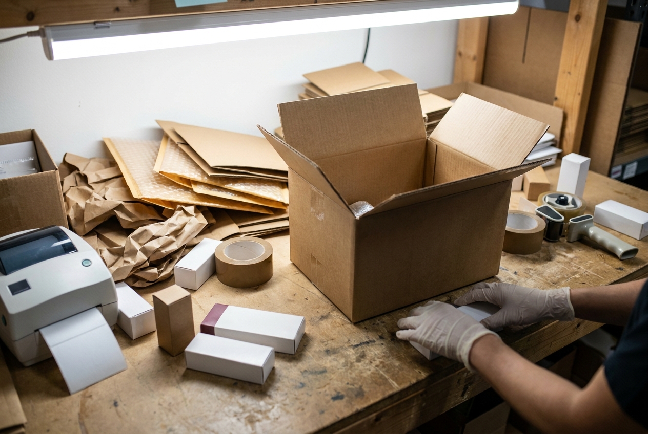 Worker station at a fulfillment center with open shipping boxes, packing tape, product units, and a label printer on a packing bench