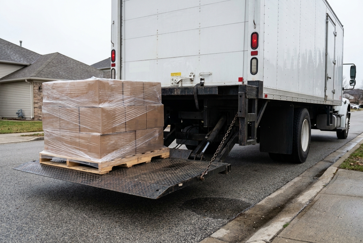 Hydraulic liftgate on the back of an LTL box truck lowering a shrink-wrapped pallet to street level