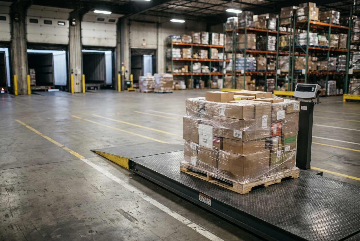 A shrink-wrapped freight pallet sitting on a certified floor scale inside an LTL terminal for reweigh
